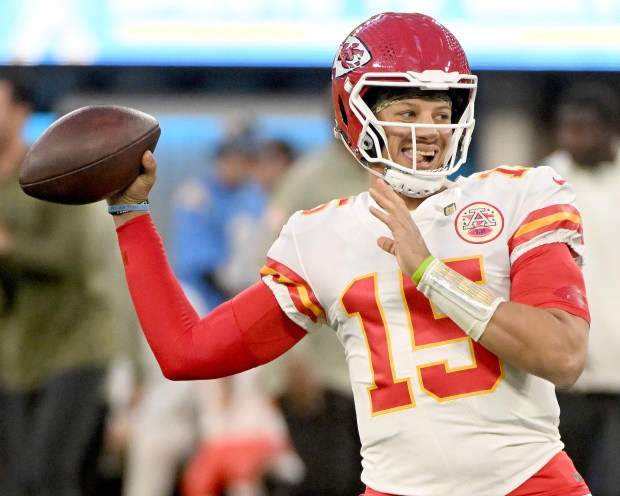 Chiefs starting quarterback Patrick Mahomes goes through pregame warm ups prior to playing the Chargers at SoFi Stadium in Inglewood on Sunday, Nov. 20, 2022. The Los Angeles Chargers host the Kansas City Chiefs in a AFC West National Football League (NFL) regular season game. (Photo by Will Lester, Inland Valley Daily Bulletin/SCNG)