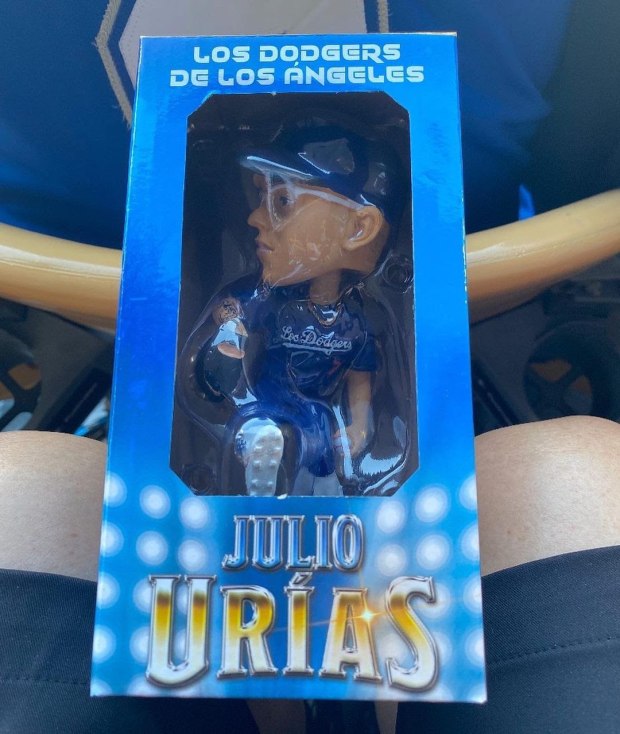 A Julio Urías bobblehead given away at a 2022 Dodgers game is seen. (Courtesy of Renée Saldaña)