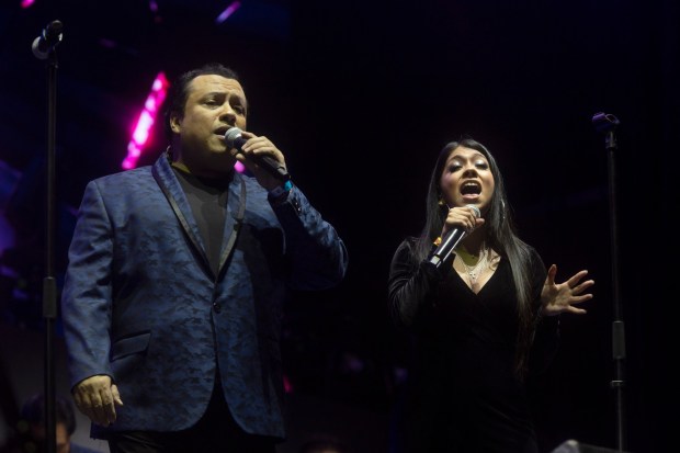 Los Ángeles Azules performs during the sold-out Besame Mucho music festival at Dodger Stadium in Los Angeles on Saturday, December 3, 2022. (Photo by Drew A. Kelley, Contributing Photographer)