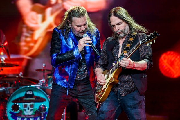 Maná, (lead singer Fher Olvera, left, and guitarist Sergio Vallín pictured performing at the Oakland Arena in Oakland, Calif., on Saturday, March 18, 2023) will perform a private concert at Yaamava' Resort & Casino on Sunday, Dec. 3. (Photo by Ray Chavez, Bay Area News Group)